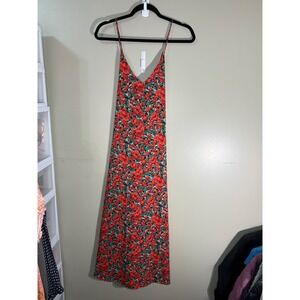 Jubylee Red Floral Poppy Midi Dress Spaghetti Strap Viscose S/M